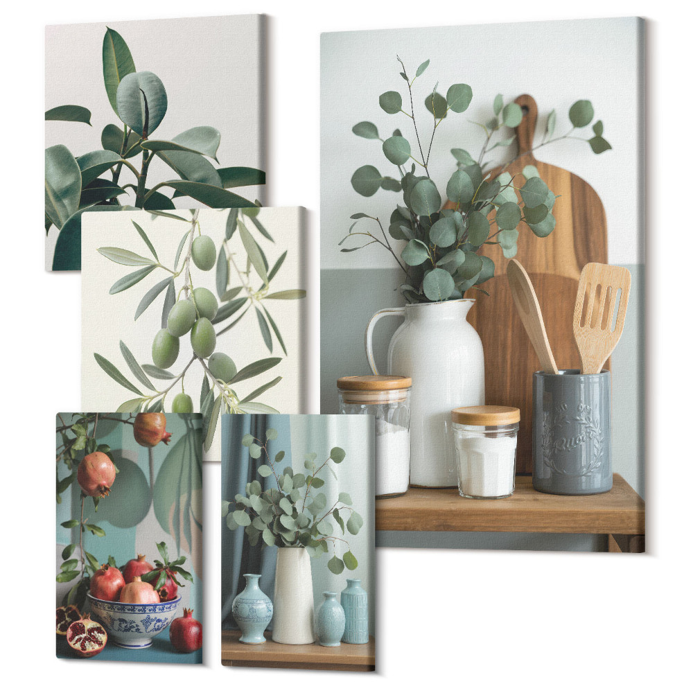 Sada obrazov na stenu pentaptych Prírodné akcenty v škandinávskom štýle s rastlinami