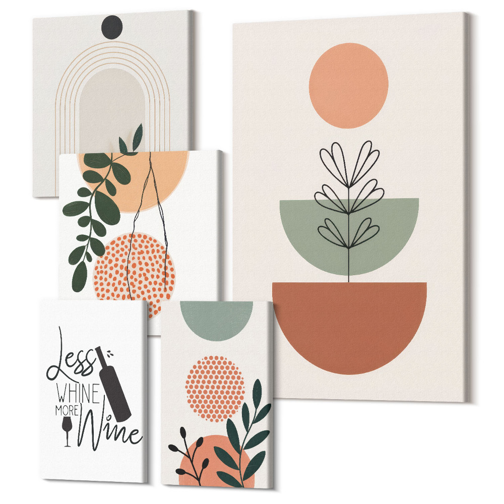 Sada obrazov na stenu pentaptych Štýlové dekorácie s rastlinnými motívmi a sloganmi