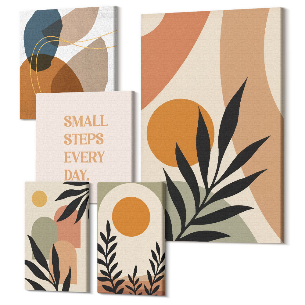 Sada 5 obrazov Štýlová grafika s rastlinnými motívmi a abstraktnými tvarmi