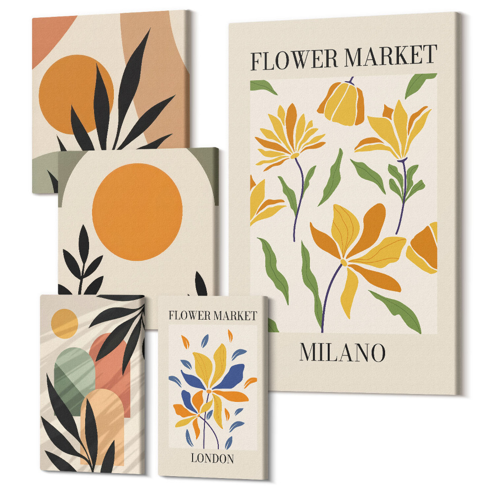 Sada obrazov na stenu pentaptych Kvetinové motívy a abstraktné kompozície v štýle boho