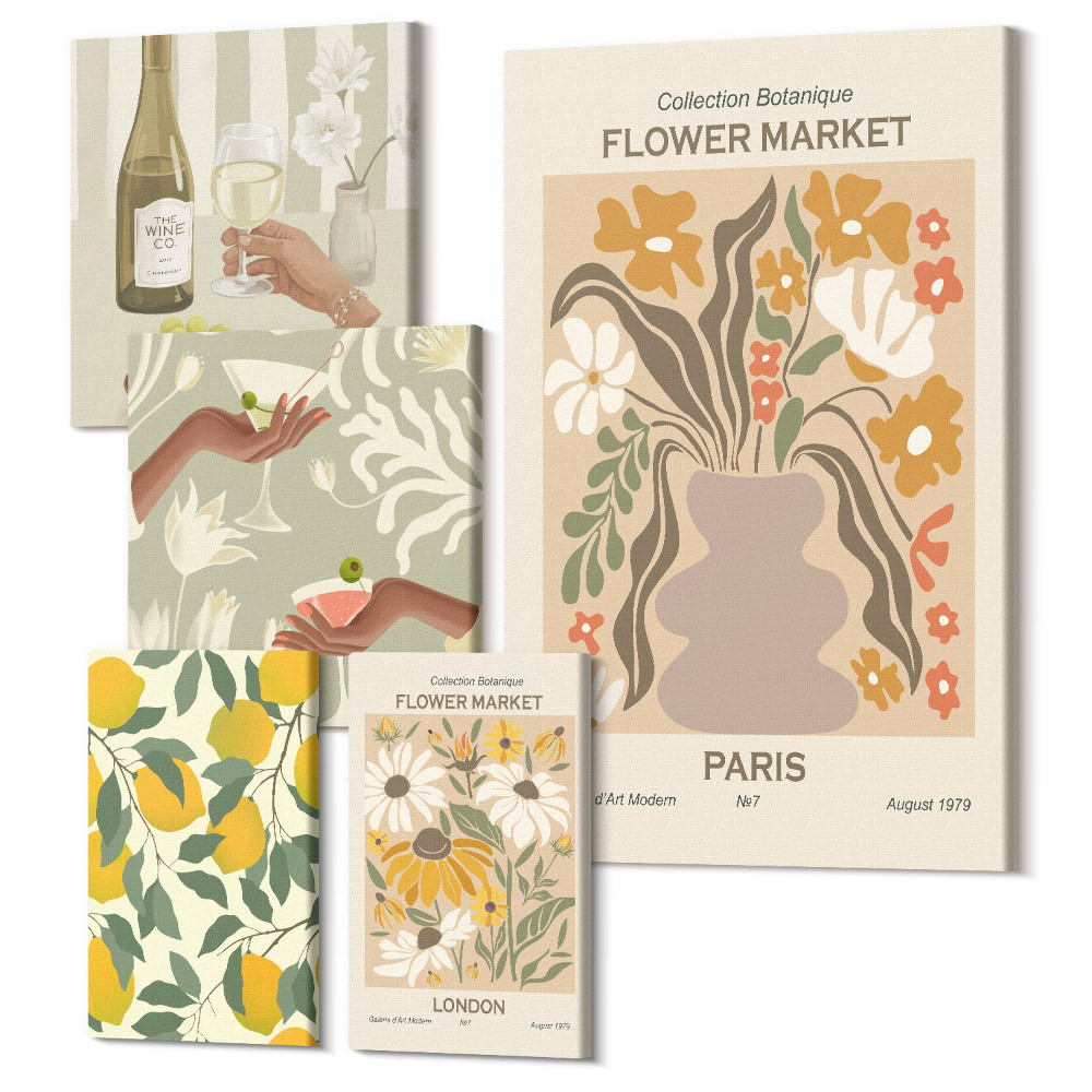 Sada 5 obrazov Kvetinové trhy a vintage ovocné akcenty