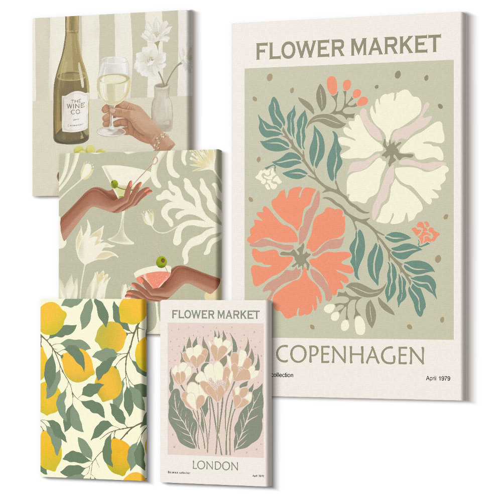 Sada obrazov na stenu pentaptych Vintage kvetinové trhy a ovocné inšpirácie