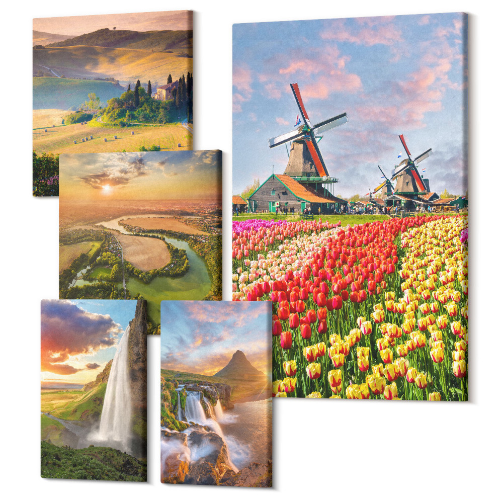 Sada 5 obrazov Prírodná krajina s vodopádmi a veternými mlynmi v pozadí