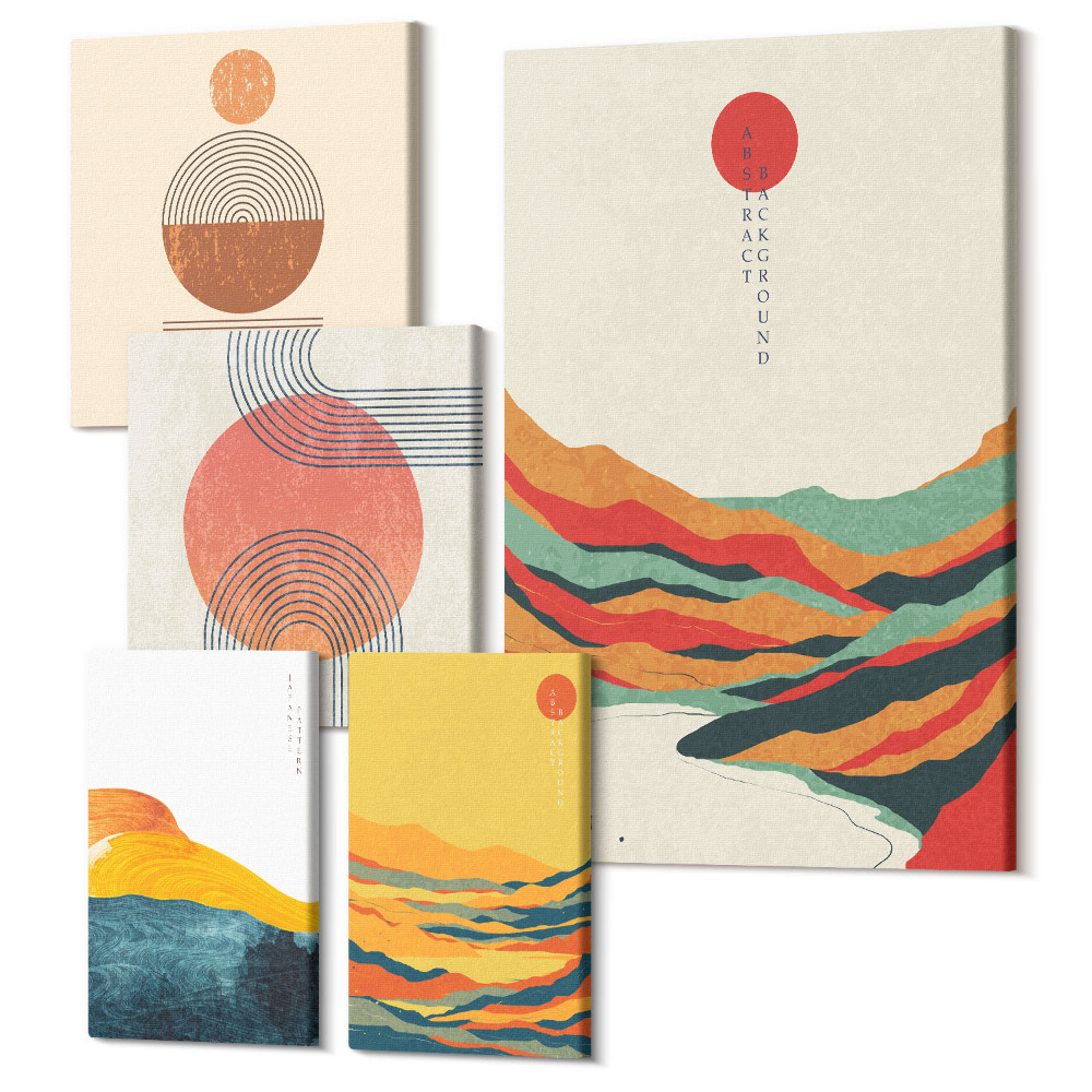 Sada obrazov na stenu pentaptych Abstraktné krajiny s geometrickými tvarmi a farbami