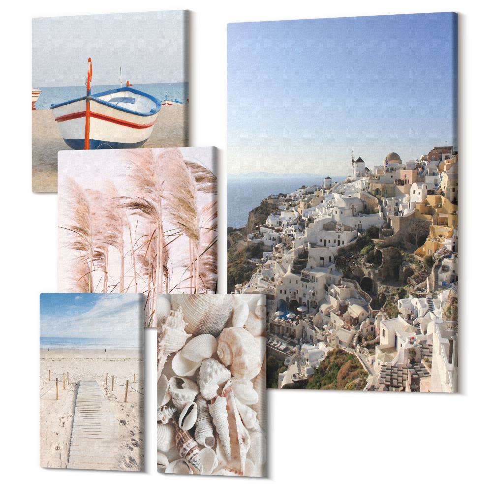 Sada obrazov pentaptych Prímorská krajina s plážami a bielymi budovami