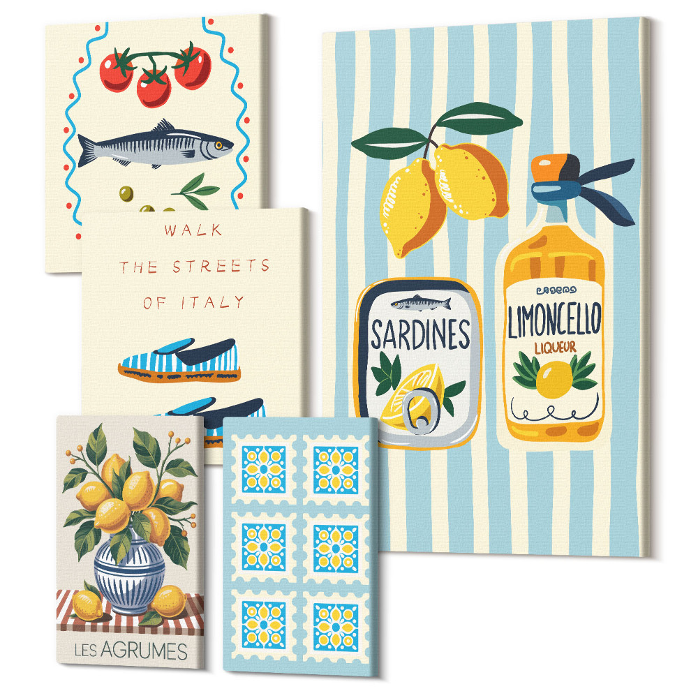 Sada obrazov pentaptych Kuchynské inšpirácie z Talianska: citrusové plody a morské plody