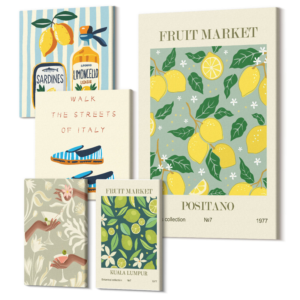 Sada 5 obrazov Ovocná inšpirácia z vintage marketu