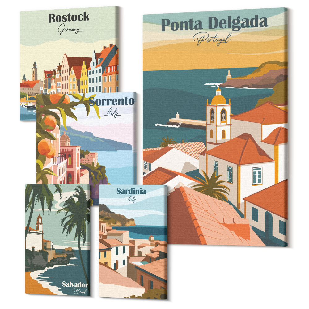 Sada 5 obrazov Výhľady európskych miest na malebnú krajinu