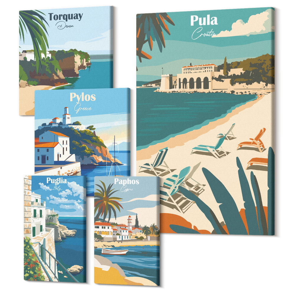 Sada obrazov pentaptych Pobrežná krajina s očarujúcimi miestami v Európe