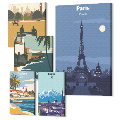 Sada obrazov na stenu pentaptych Európske mestá a ich retro turistické ikony