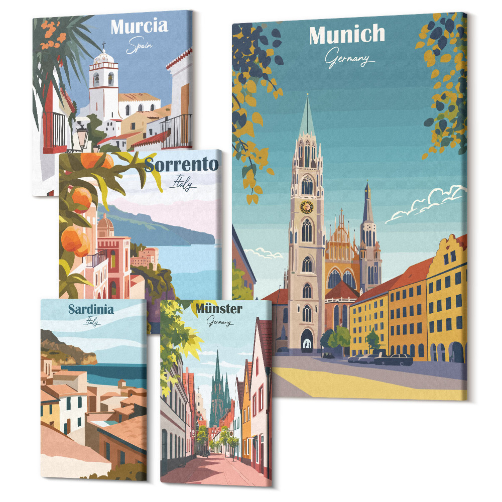 Sada obrazov pentaptych Pohľady európskych miest na architektúru a krajinu