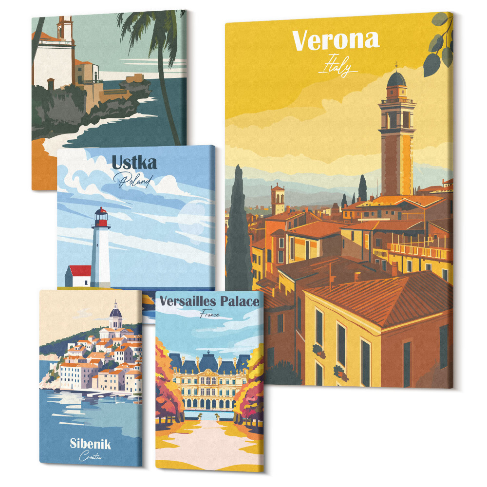 Sada obrazov na stenu pentaptych Krajiny európskych miest s majákmi a palácmi