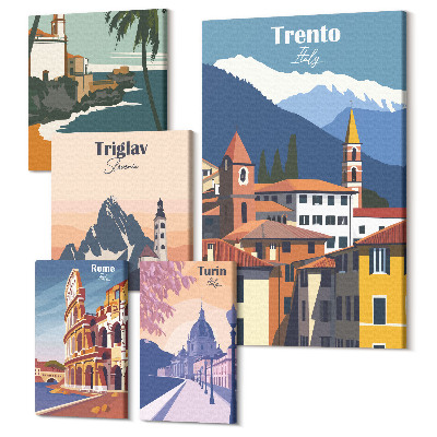 Sada 5 obrazov Európske mestá a krajiny v retro štýle