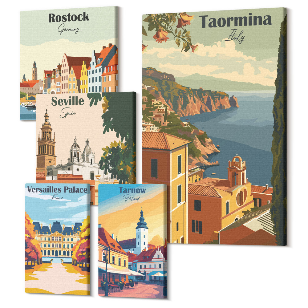 Sada obrazov na stenu pentaptych Krajiny európskych miest s architektonickými ikonami