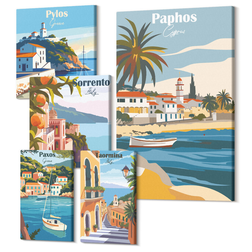 Sada obrazov pentaptych Prímorská krajina s očarujúcimi mestami v Európe