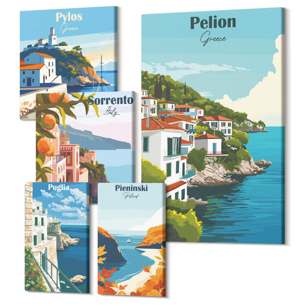 Sada obrazov na stenu pentaptych Krajiny gréckych ostrovov a malebných mestečiek