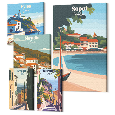 Sada 5 obrazov Krajiny prímorských mestečiek v retro a dovolenkovom štýle