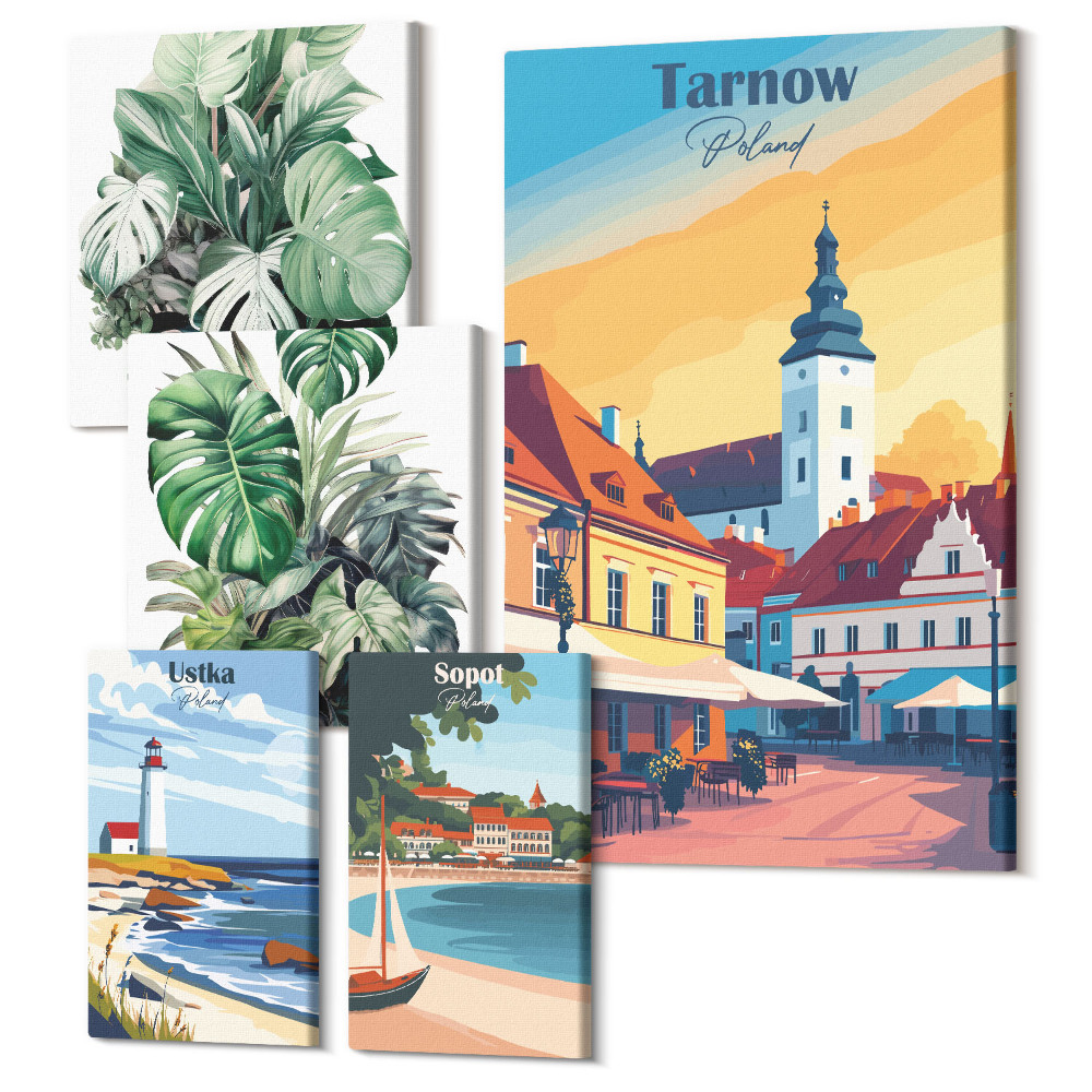 Sada 5 obrazov Poľské prímorské mestá s rastlinnými motívmi