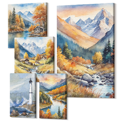 Sada obrazov pentaptych Horská krajina s riekami a majákom