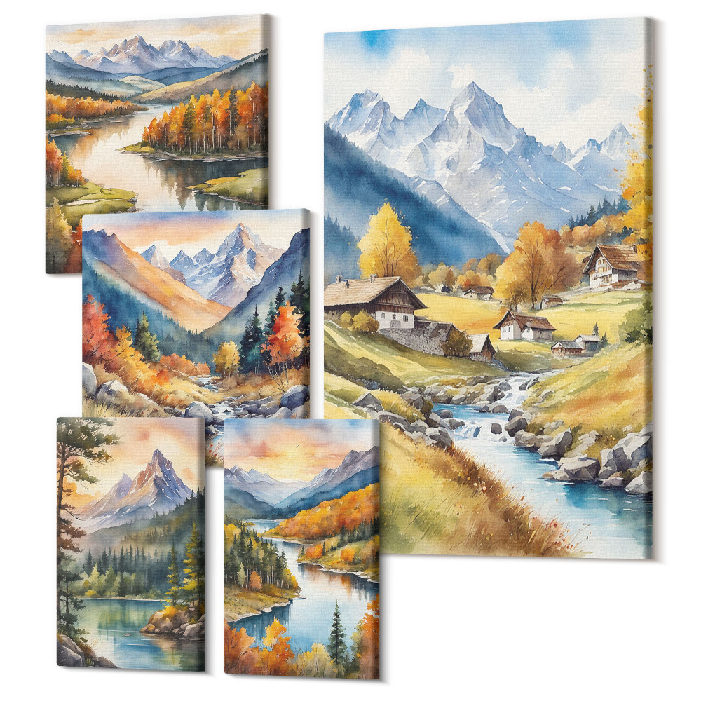 Sada 5 obrazov Malebná horská krajina s riekami a lesmi