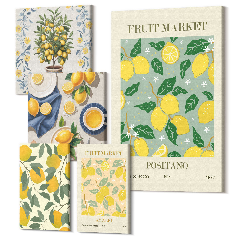 Sada obrazov pentaptych Citrusová kolekcia čerstvého ovocia a dekoratívnych vzorov