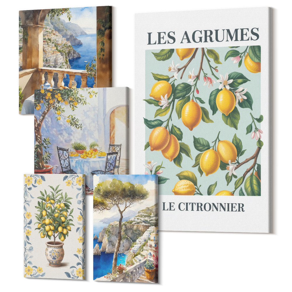 Sada obrazov na stenu pentaptych Citrusové inšpirácie v provensálskom a stredomorskom štýle