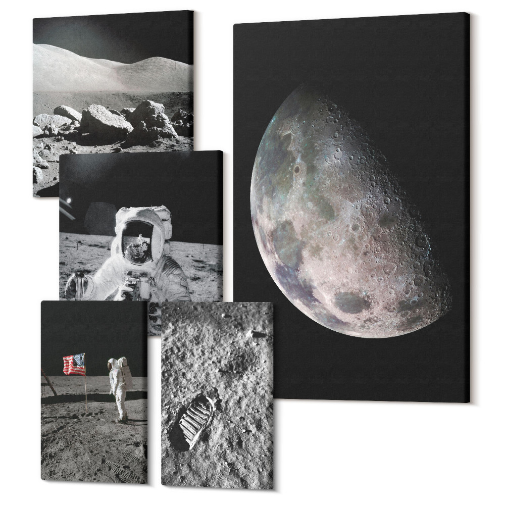 Sada 5 obrazov Mesačné krajiny s astronautmi a prieskum vesmíru