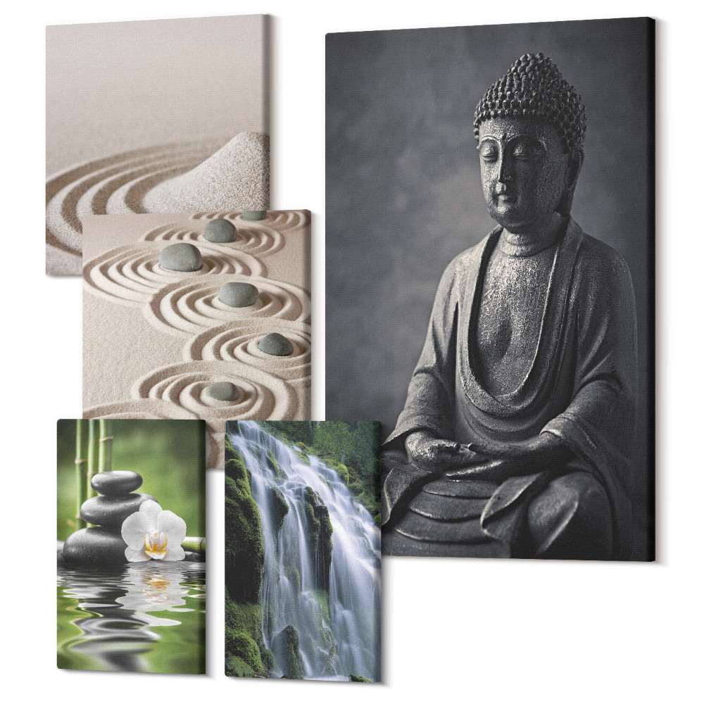 Sada obrazov pentaptych Relaxačné zenové témy s prírodou a budhistickým posolstvom