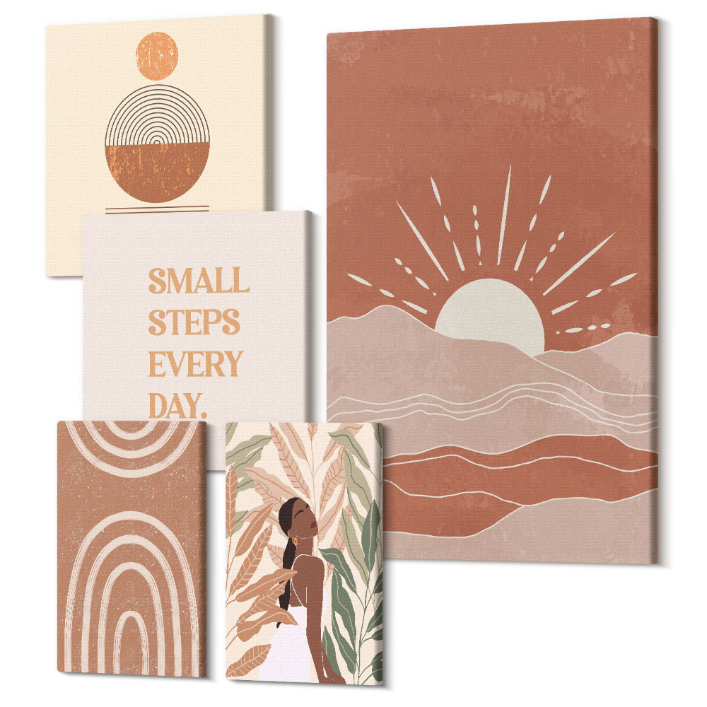 Sada obrazov na stenu pentaptych Boho štýl inšpirovaný prírodou a pozitívnymi sloganmi