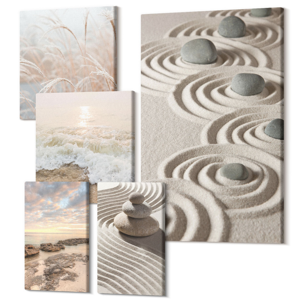 Sada obrazov na stenu pentaptych Relaxačná prírodná krajina s kameňmi a morskými vlnami