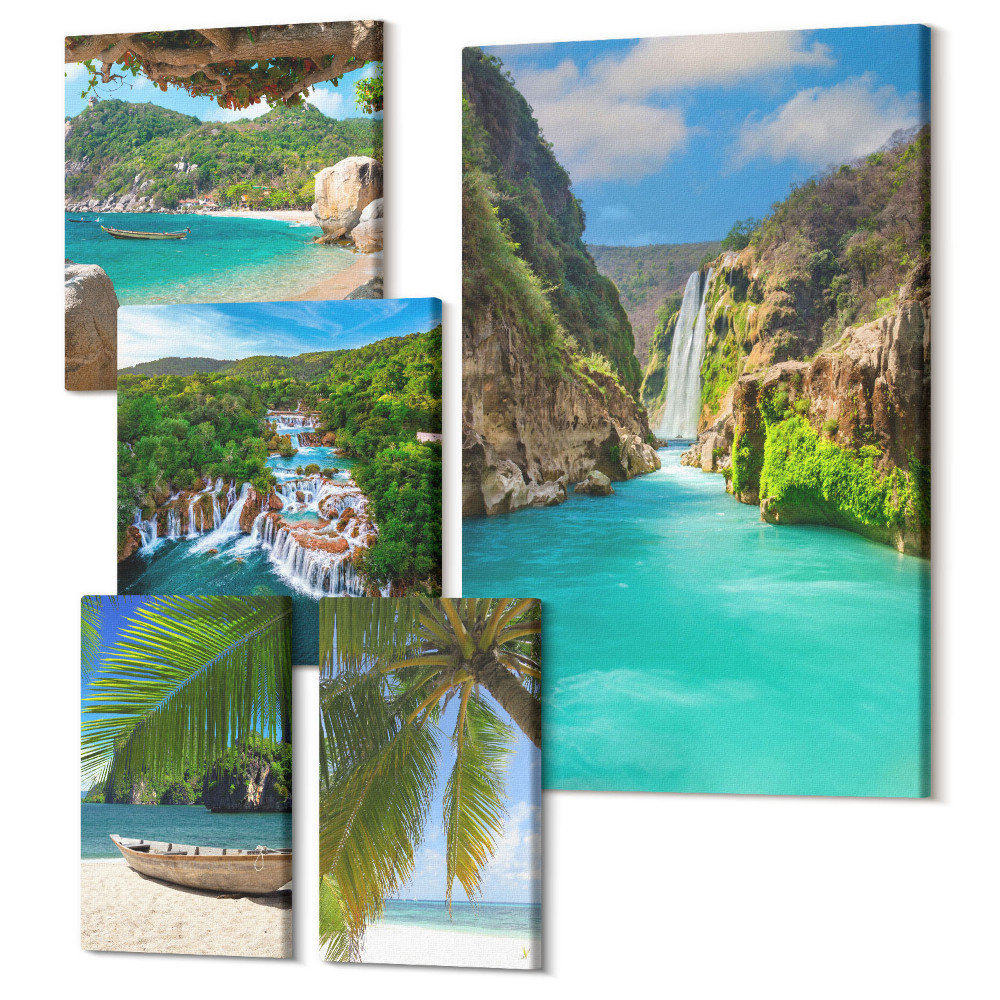 Sada 5 obrazov Tropická krajina s vodopádmi a rajskými plážami