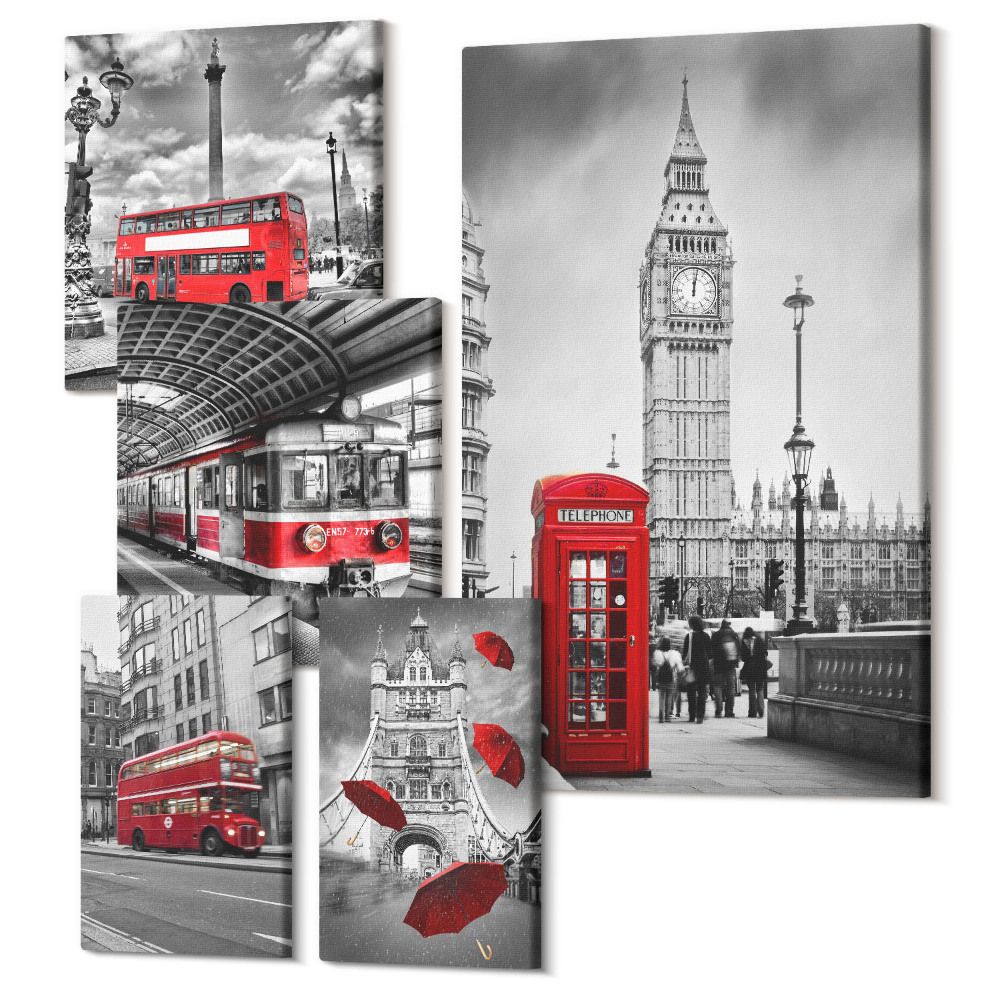 Sada obrazov pentaptych Londýnske motívy s červenými akcentmi a architektúrou
