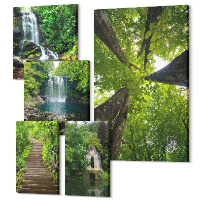 Sada obrazov pentaptych Zelená krajina vodopádov a lesných cestičiek