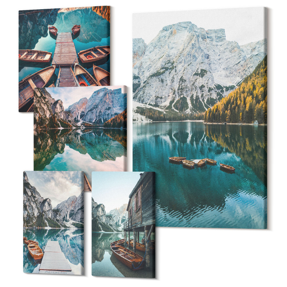 Sada 5 obrazov Horské jazerá s drevenými člnmi v prírodnom štýle