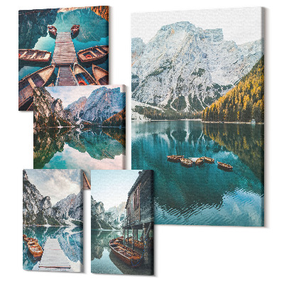 Sada 5 obrazov Horské jazerá s drevenými člnmi v prírodnom štýle