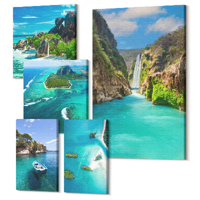 Sada obrazov pentaptych Tropická krajina s vodopádmi a rajskými plážami