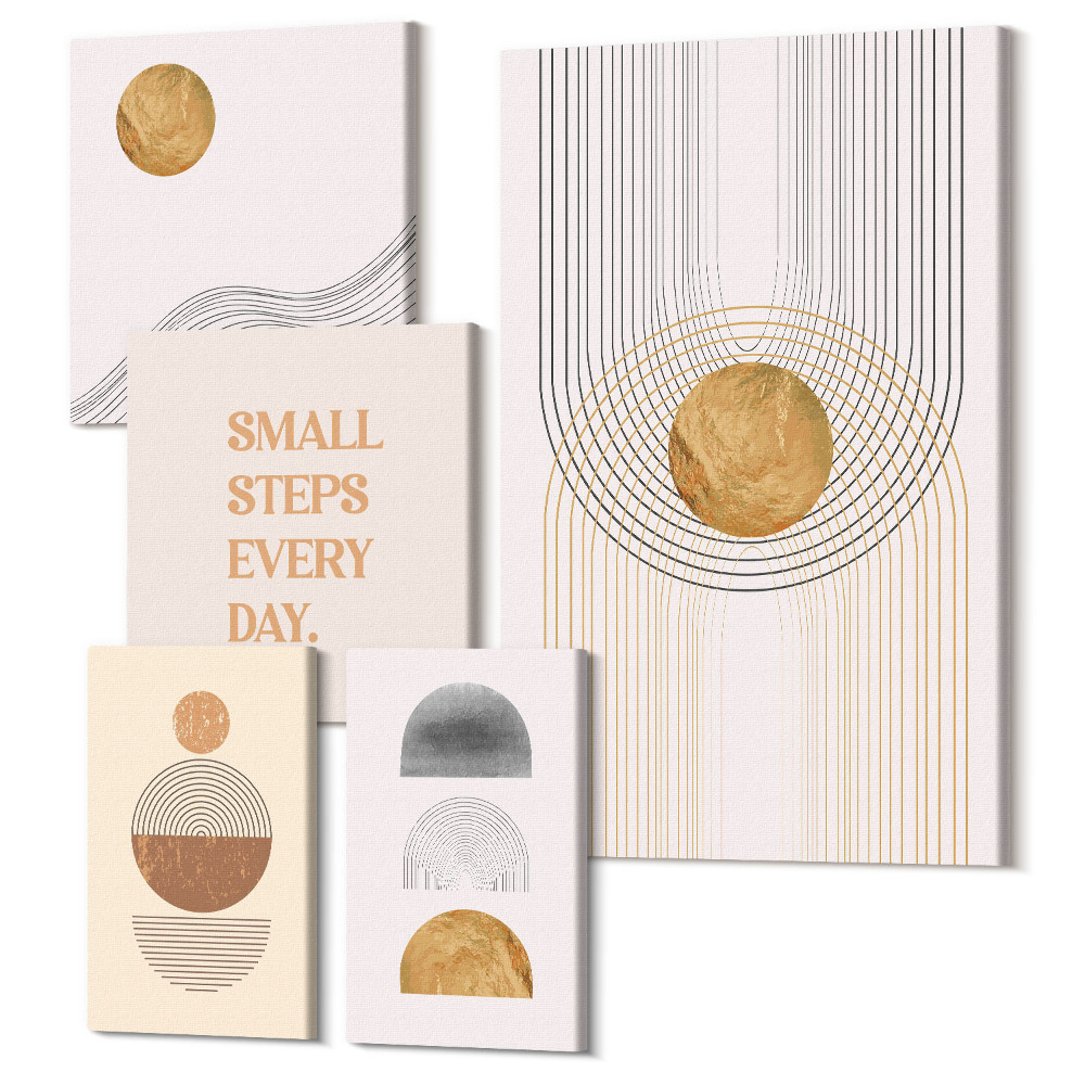 Sada obrazov pentaptych Abstraktné kompozície s geometrickými tvarmi a textom