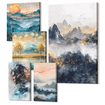 Sada obrazov pentaptych Horské krajiny s portrétmi a prírodnými krajinami