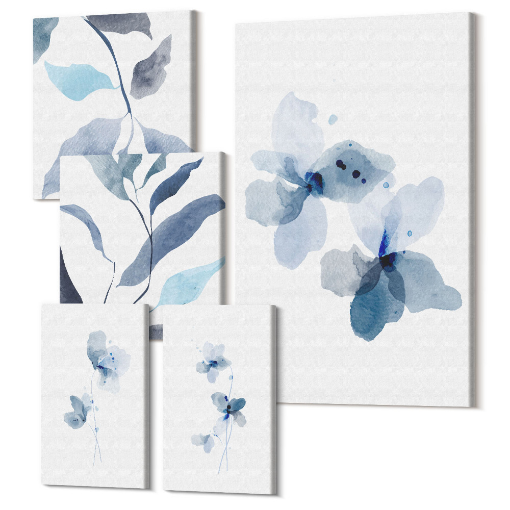 Sada obrazov na stenu pentaptych Štýlové akvarelové kvety a listy v odtieňoch modrej