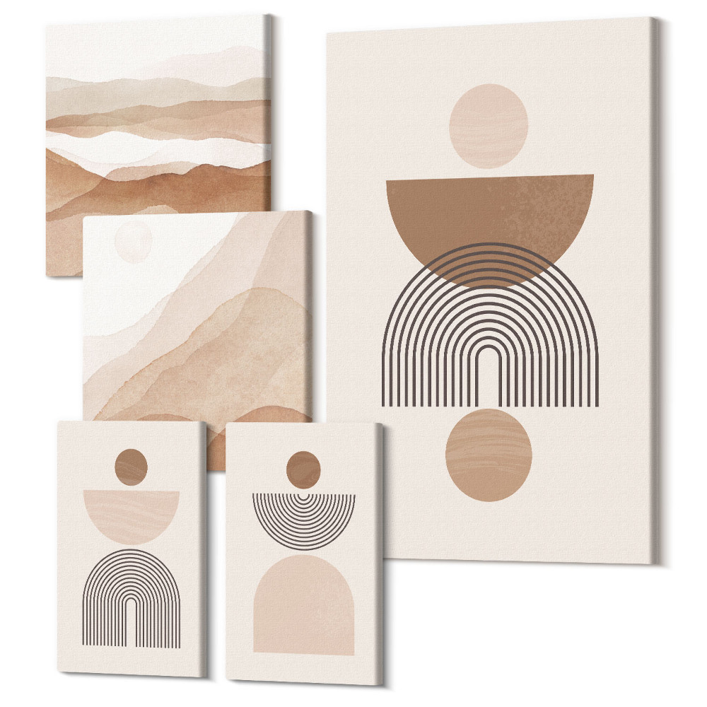 Sada 5 obrazov Abstraktné kompozície v zemitých tónoch a geometrických formách