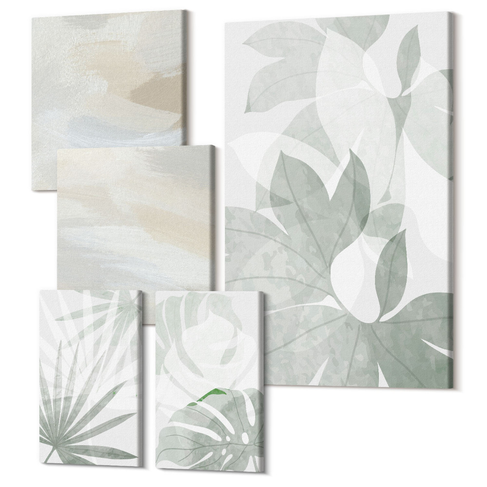 Sada 5 obrazov Rastlinné motívy v tlmenej šedej a bielej farbe