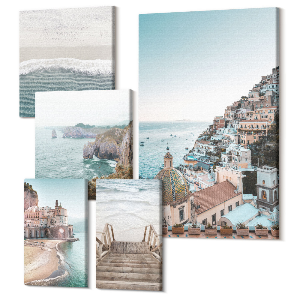 Sada obrazov pentaptych Pobrežná krajina s očarujúcimi mestečkami a plážami