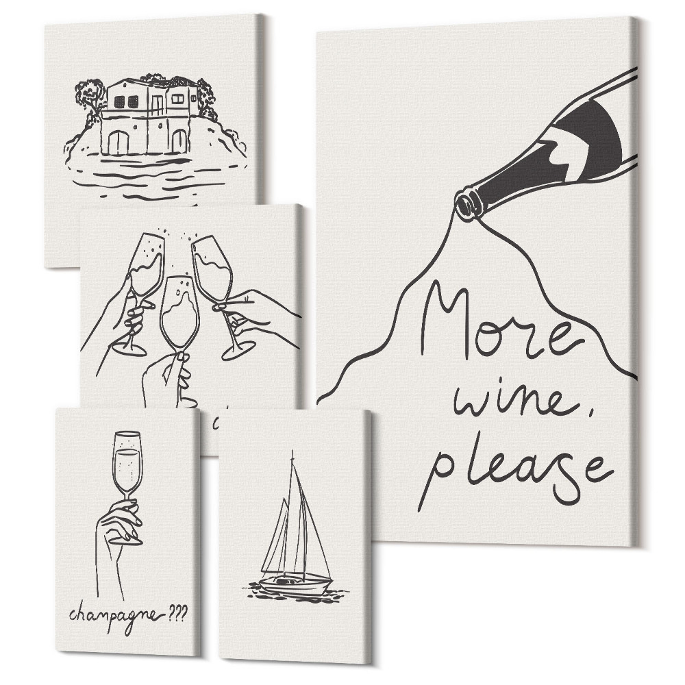 Sada obrazov pentaptych Štýlové ilustrácie na párty s vínom a toastom