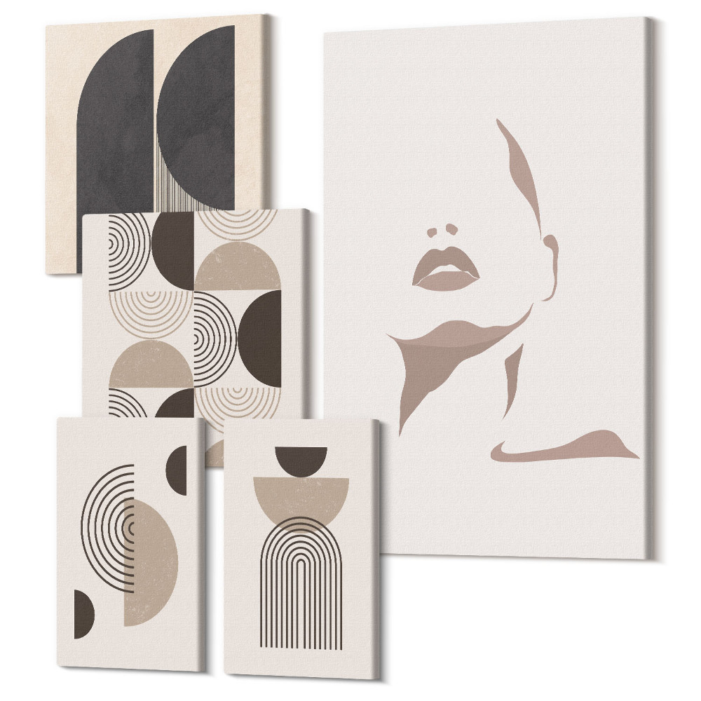 Sada obrazov na stenu pentaptych Štýlové minimalistické portréty a geometrické vzory