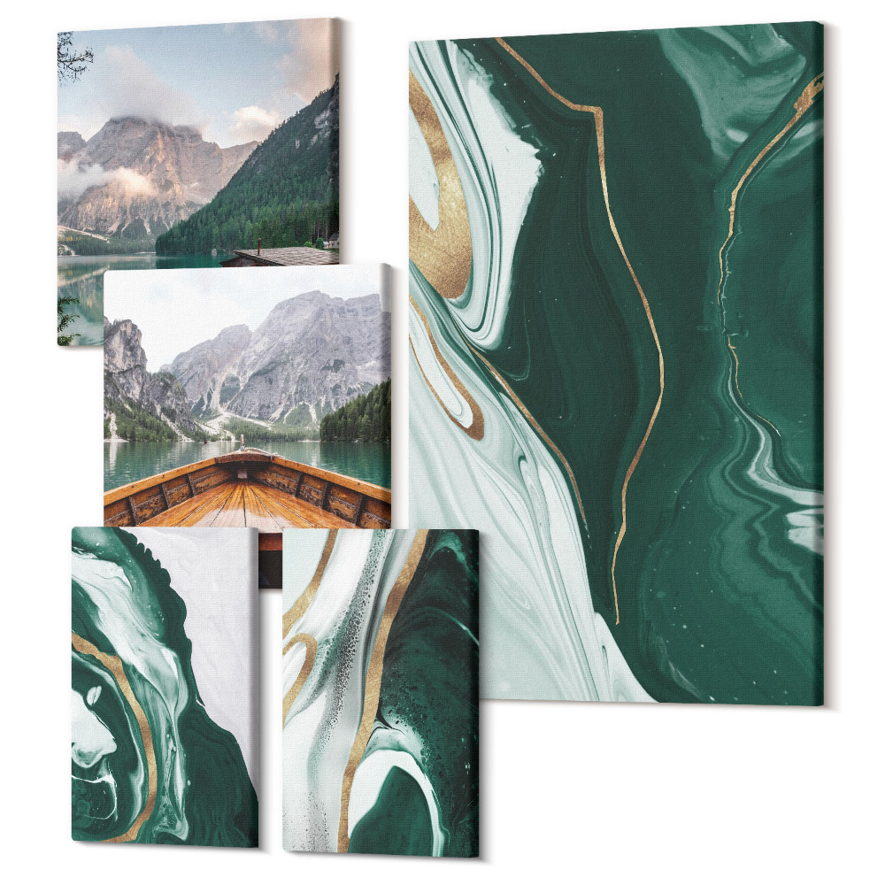 Sada obrazov na stenu pentaptych Zelená krajina s vodou a horskou scenériou