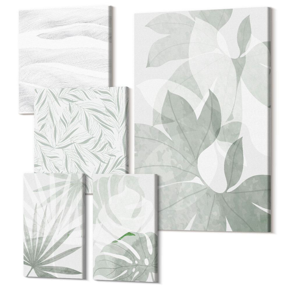 Sada 5 obrazov Rastlinné motívy v jemných odtieňoch zelenej