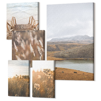 Sada obrazov pentaptych Prírodná krajina s výhľadom na polia a jazerá