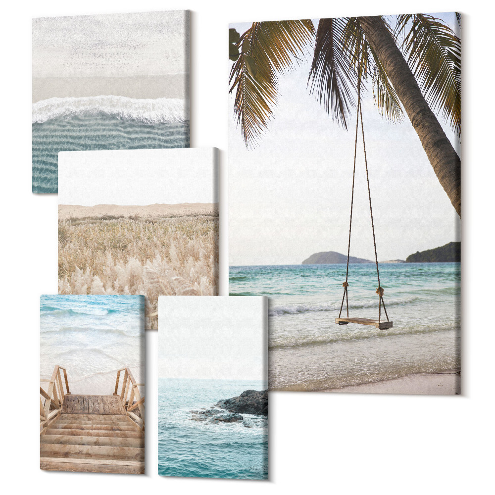 Sada obrazov na stenu pentaptych Relaxačný výhľad na more s plážou a vlnami