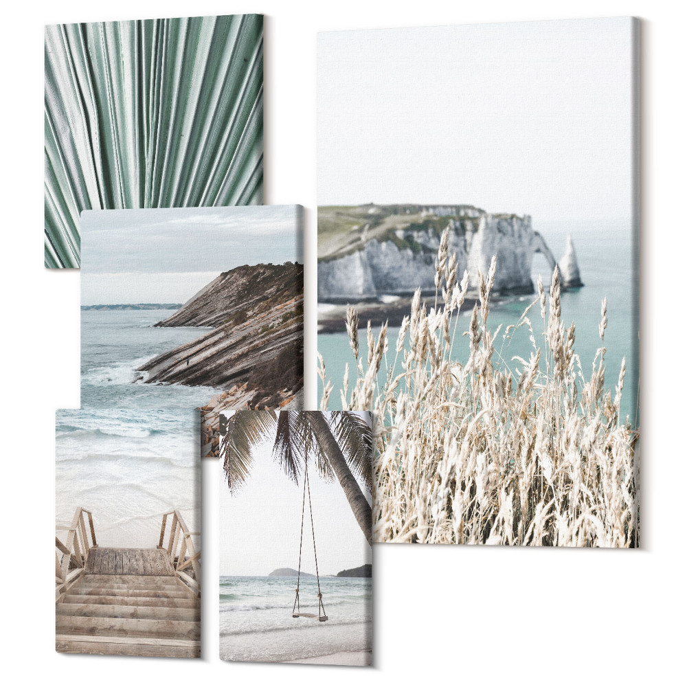 Sada 5 obrazov Pobrežná krajina s plážami a tropickou vegetáciou