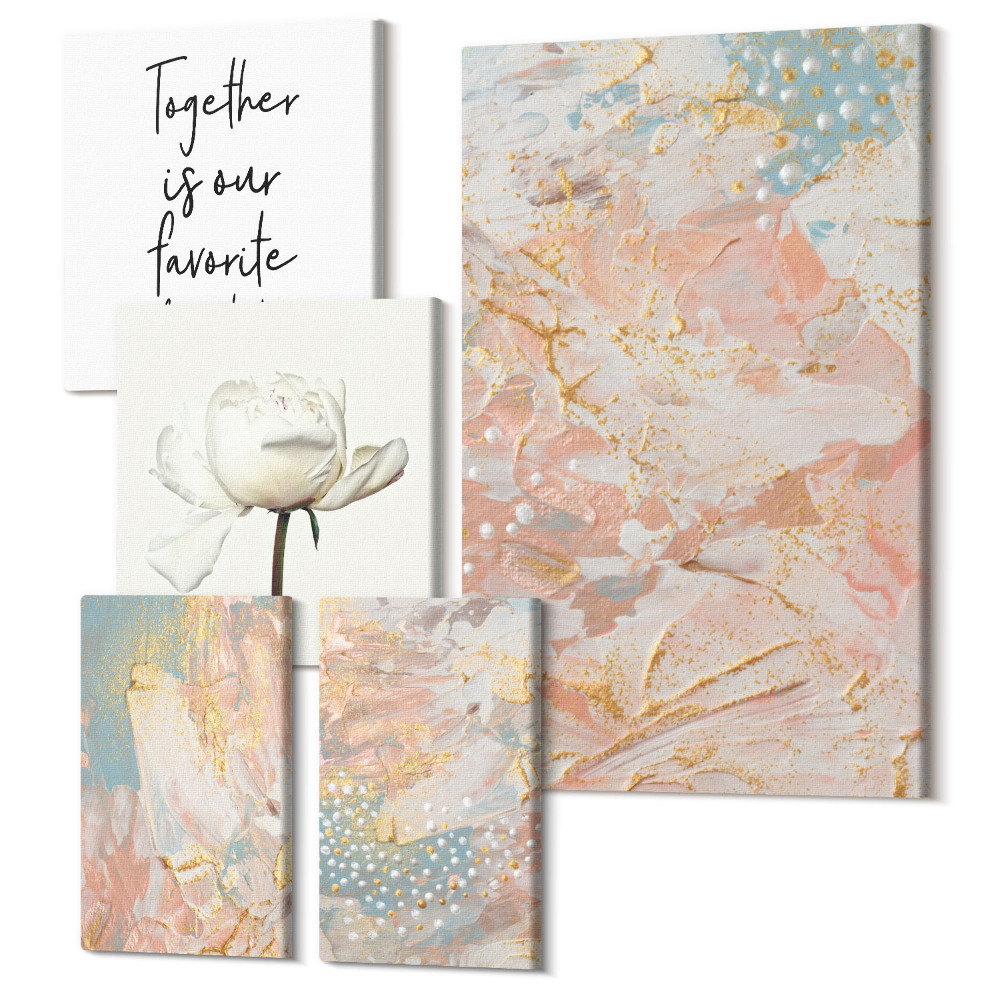 Sada obrazov na stenu pentaptych Abstraktné kompozície s kvetmi a inšpiratívnymi sloganmi